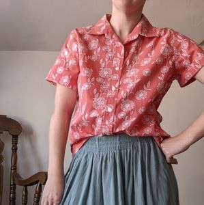 Vtg pink coral floral blouse